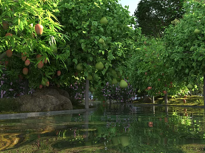 Lush Garden Landscape With Fruit Trees Water Reflection And Purple Flowers 3d model