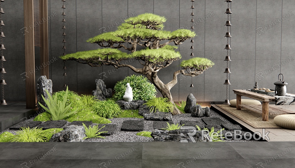 New Chinese Style Courtyard Sketch Interior Landscape Landscaping Tingbu Moss Stone Welcome Pine Plant Landscaping Flowers and Plants Combination model