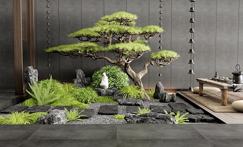 New Chinese Style Courtyard Sketch Interior Landscape Landscaping Tingbu Moss Stone Welcome Pine Plant Landscaping Flowers and Plants Combination 3d model