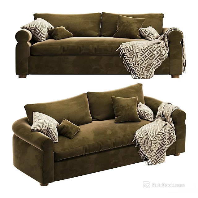 Cozy Dark Green Velvet Two-Seater Sofa With Decorative Pillows And Fringed Blanket 3d model 
