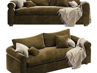 Cozy Dark Green Velvet Two-Seater Sofa With Decorative Pillows And Fringed Blanket 3d model