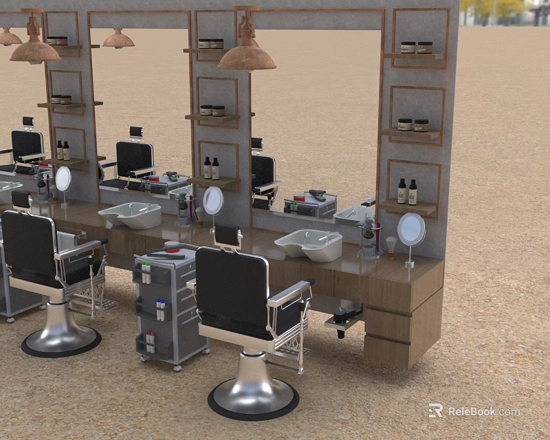Barbershop Chair And Workstation Set With Wooden Counter Mirrors Shelves And Hanging Lamps 3d model 