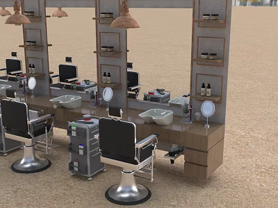 Barbershop Chair And Workstation Set With Wooden Counter Mirrors Shelves And Hanging Lamps 3d model