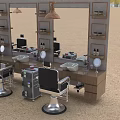 Barbershop Chair And Workstation Set With Wooden Counter Mirrors Shelves And Hanging Lamps