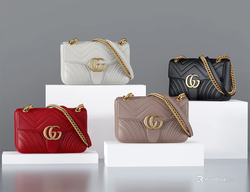 Trendy Handbags Featuring Gold G Logo Chain Straps And Multiple Colors On White Platforms 3d model 