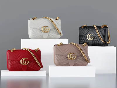 Trendy Handbags Featuring Gold G Logo Chain Straps And Multiple Colors On White Platforms 3d model