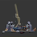 Magical Fantasy Scene With Central Glowing Pool And Surrounding Robed Characters