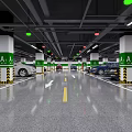 Modern Parking Lot with Parked Cars Floor Markings Arrows And Green White Columns