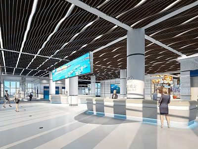 Modern Airport Interior With Spacious Design Ceiling Lighting Service Counters And Digital Screens 3d model