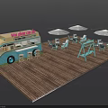 Vintage Ice Cream Van with Outdoor Seating Area Wooden Deck and White Umbrellas