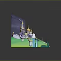 Whimsical Cartoon Fantasy Scenery With Mountain Waterfall Castle Lake Path And Trees