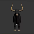 Black bull standing with long yellow horns and white spots on white background