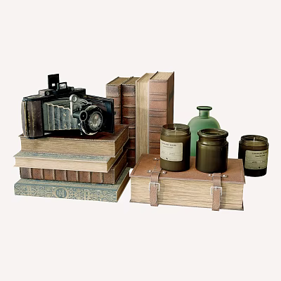 Decorative Ornament Set with Vintage Camera Books Green Bottle Jars and Wooden Box 3d model