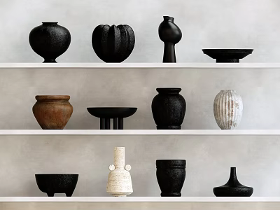 Minimalist Ceramic Vessels with Various Shapes and Colors on Shelves for Home Decor 3d model
