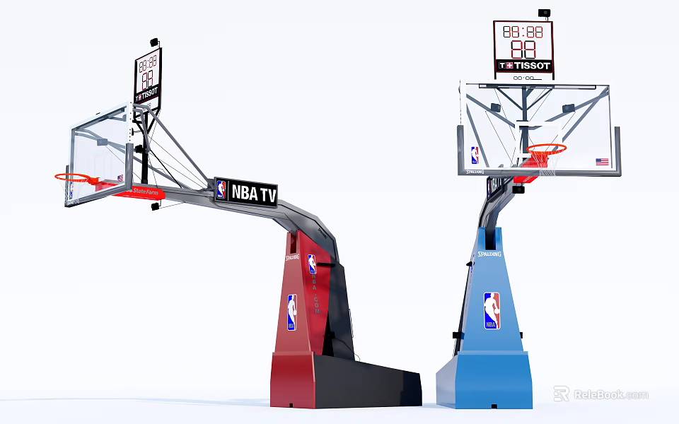 Basketball Hoop Sports Equipment With NBA TV Logo Transparent Backboard Red Rim And Red Blue Base 3d model 