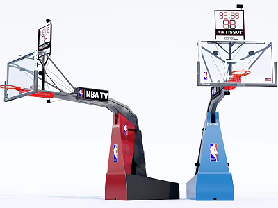 Basketball Hoop Sports Equipment With NBA TV Logo Transparent Backboard Red Rim And Red Blue Base 3d model