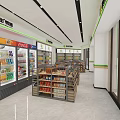 Bright Grocery Supermarket Interior with Product Shelves and Drink Refrigerators