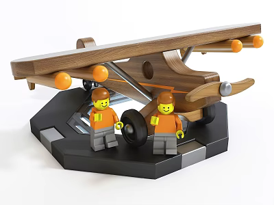 Electric Toy Wooden Airplane With Lego Figures In Orange Outfits Yellow Helmets On Black Base 3d model