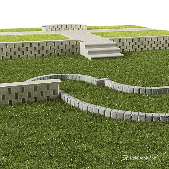 Decorative Garden Features With Gray Brick Low Walls Steps And Curved Pathway On Green Lawn 3d model 