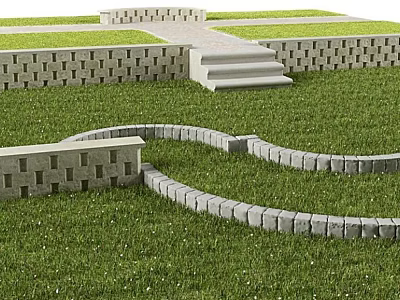Decorative Garden Features With Gray Brick Low Walls Steps And Curved Pathway On Green Lawn 3d model