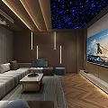 Modern Home Theater Room Interior With Blue Starry Ceiling Large Screen And Comfortable Sofa 3d model