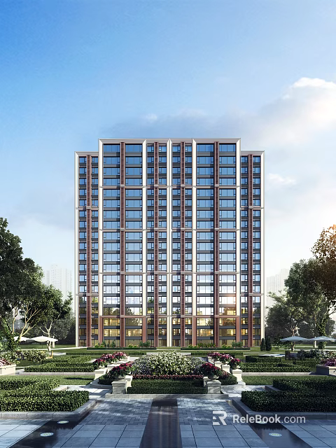 Modern High Rise Residential Building With Glass Windows Brick Facade And Green Trees 3d model 