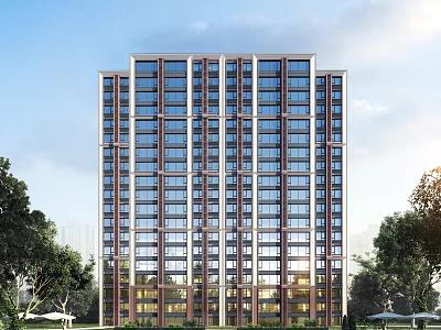 Modern High Rise Residential Building With Glass Windows Brick Facade And Green Trees 3d model