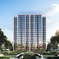 Modern High Rise Residential Building With Glass Windows Brick Facade And Green Trees