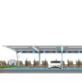 Commercial EV Charging Station with Canopy Multiple Charging Piles White Car and Green Plants