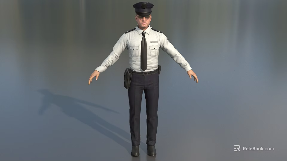 Realistic Game Movie Character In White Shirt Black Tie With Utility Belt Cap Arms Outstretched 3d model 