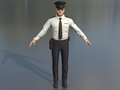 Realistic Game Movie Character In White Shirt Black Tie With Utility Belt Cap Arms Outstretched 3d model