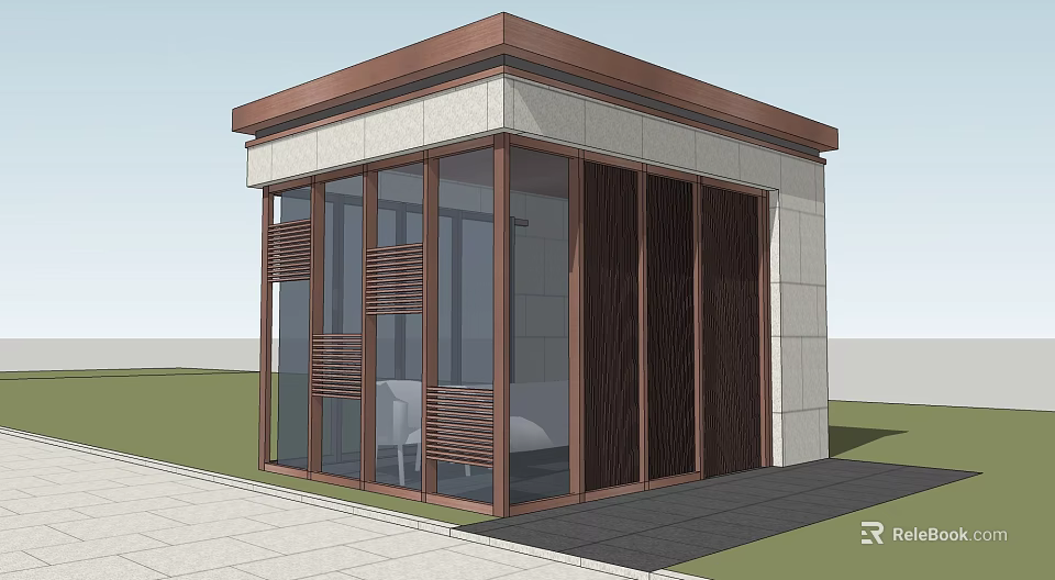 Small Modern Pavilion Structure With Brown Roof Stone Walls Glass Doors And Green Lawn 3d model 