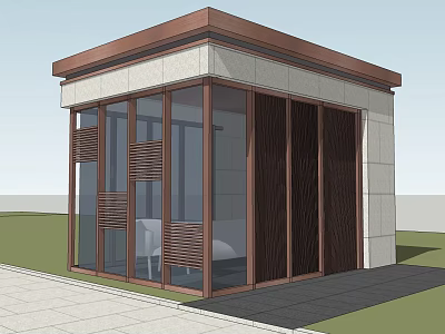 Small Modern Pavilion Structure With Brown Roof Stone Walls Glass Doors And Green Lawn 3d model