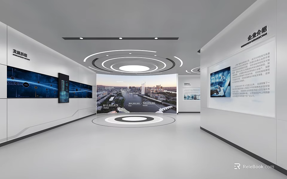 Modern Exhibition Hall With Urban Landscape Screens And Business Introduction Displays 3d model 