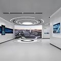 Modern Exhibition Hall With Urban Landscape Screens And Business Introduction Displays