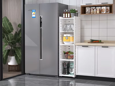 Modern Stainless Steel Refrigerator in Contemporary Kitchen with Storage Shelf Vegetables and Cabinets 3d model