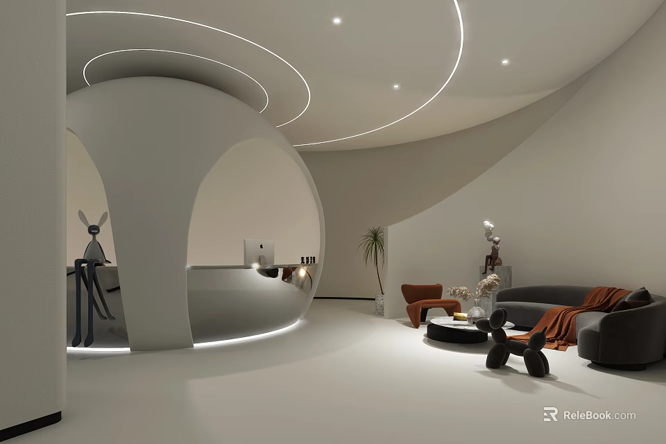 Modern Reception Desk Interior With Sofa Plants Contemporary Lighting And Decor 3d model