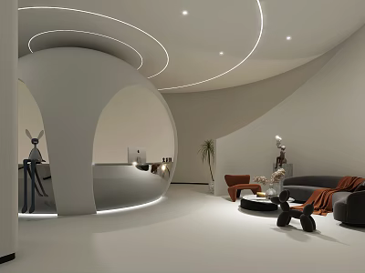 Modern Reception Desk Interior With Sofa Plants Contemporary Lighting And Decor 3d model