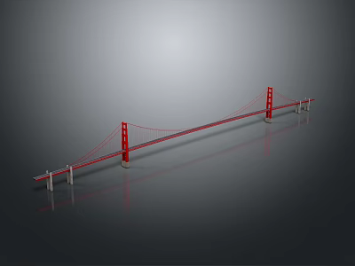 Red Suspension Bridge Model With Tall Towers Main Cables And Long Deck 3d model
