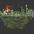 Colorful Amusement Park Architecture Featuring Ferris Wheel Roller Coaster Tracks Castle Tower And Green Trees