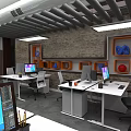 Contemporary Office Furniture Setup Featuring Desks Computers Chairs Plants And Lighting