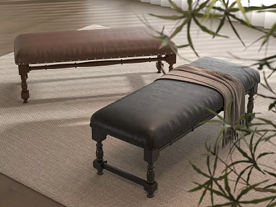 Stylish Brown And Black Leather Bed Benches With Wooden Legs On Rug And Indoor Plants 3d model
