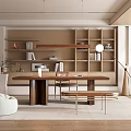 Modern Study Desk and Chair Desk Bookcase Storage Cabinet Rattan Bench Floor Lamp Book Ornaments 3d model
