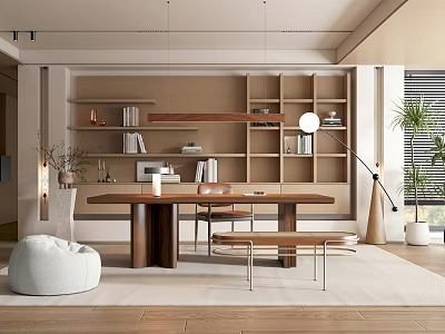 Modern Study Desk and Chair Desk Bookcase Storage Cabinet Rattan Bench Floor Lamp Book Ornaments 3d model