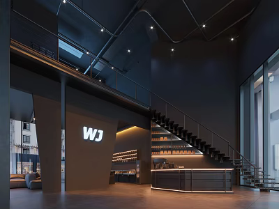 WJ Store Dark Interior Design With Staircase And Display Area 3d model