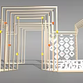 Modern Event Entrance With Wooden Frame Colorful Dot Decorations And Background Wall Logos