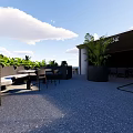 Outdoor Terrace With Circular Woven Structure Lush Green Plants Bench And Round Table For Relaxation