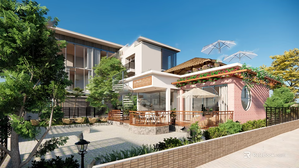 Garden Landscape Design With Modern Buildings Green Plants Wooden Deck And Umbrellas 3d model 