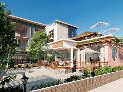 Garden Landscape Design With Modern Buildings Green Plants Wooden Deck And Umbrellas 3d model