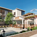 Garden Landscape Design With Modern Buildings Green Plants Wooden Deck And Umbrellas